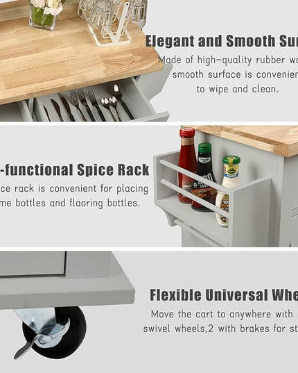 NSdirect Kitchen Island Cart,Kitchen Bar&Serving Cart Rolling on Wheels with Spice Rack Towel Holder Utility Storage Trolley with Storage Drawers for Home Hotel Kitchen Dinning Room(Grey) - LeafyLoom