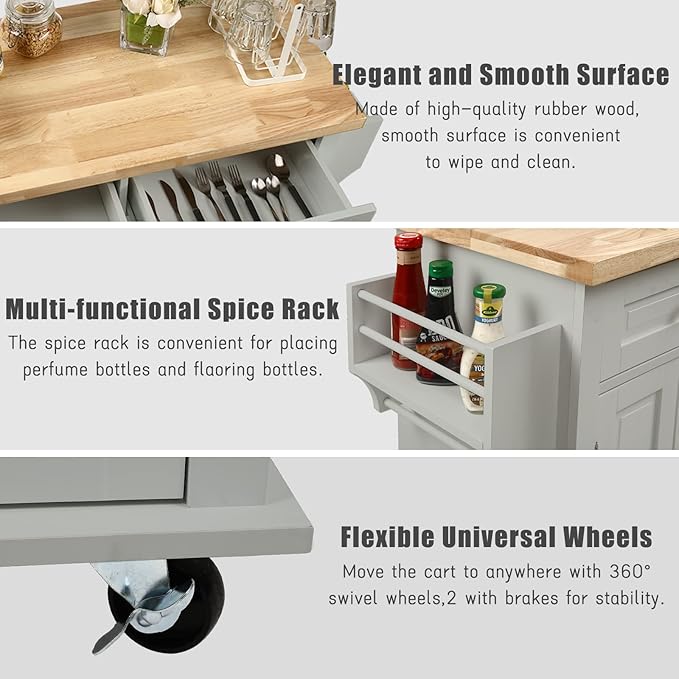 NSdirect Kitchen Island Cart,Kitchen Bar&Serving Cart Rolling on Wheels with Spice Rack Towel Holder Utility Storage Trolley with Storage Drawers for Home Hotel Kitchen Dinning Room(Grey) - LeafyLoom