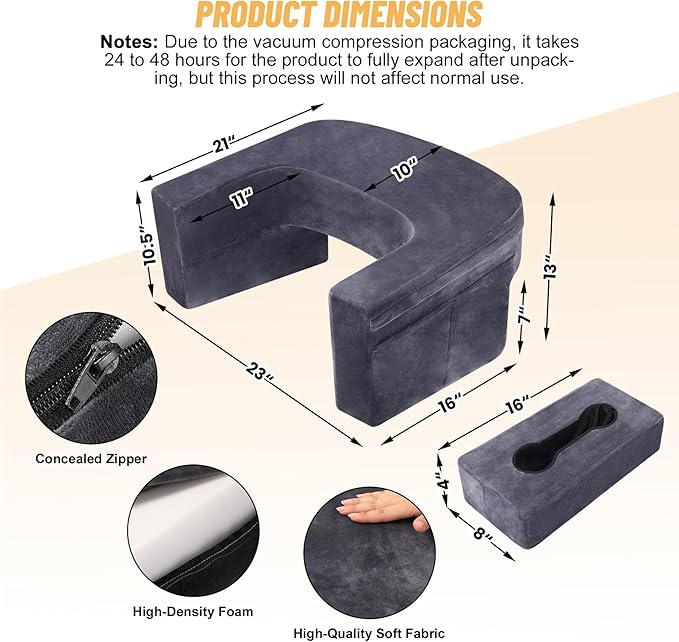 Reading Pillow & Gaming Pillow for Lap, Lap Desk Pillow for Gaming with Coaster, Soft Arm Rest Pillow for Adult, Memory Foam Bed Rest Pillows for Reading, Working, Sitting in Bed Floor Sofa, Grey - LeafyLoom