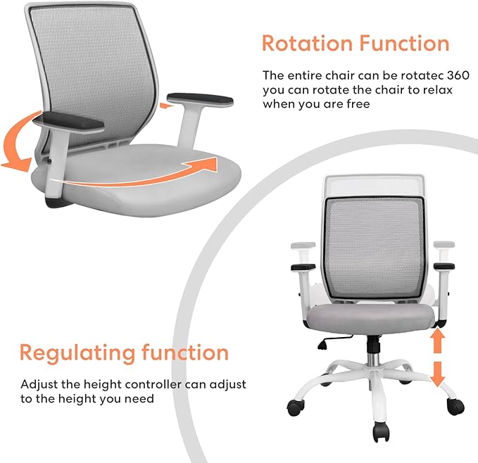 Schwake Ergonomic Office Chair Home Mesh Desk Chair with Adjustable Arms - Mid Back Computer Chairs for Adults - Swivel Task Chair Comfortable for Home Office (White &Grey) - LeafyLoom