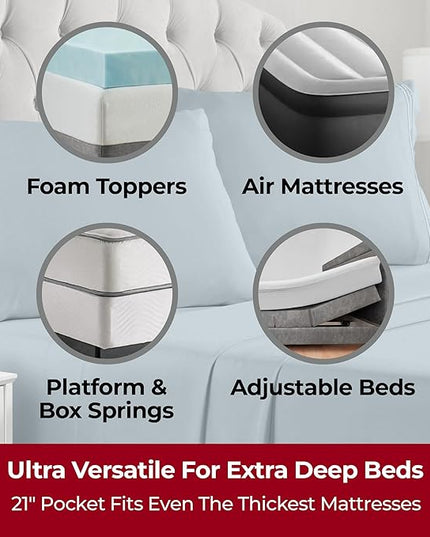 Mellanni Extra Deep King Sheets - 4 PC Iconic Collection Bedding Sheets & Pillowcases - Hotel Luxury, Ultra Soft, Cooling Bed Sheets - Extra Deep Pocket up to 21 inch (King, Spa Blue) - LeafyLoom