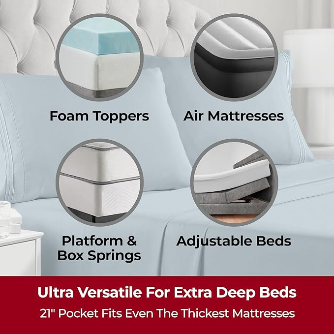 Mellanni Extra Deep King Sheets - 4 PC Iconic Collection Bedding Sheets & Pillowcases - Hotel Luxury, Ultra Soft, Cooling Bed Sheets - Extra Deep Pocket up to 21 inch (King, Spa Blue) - LeafyLoom