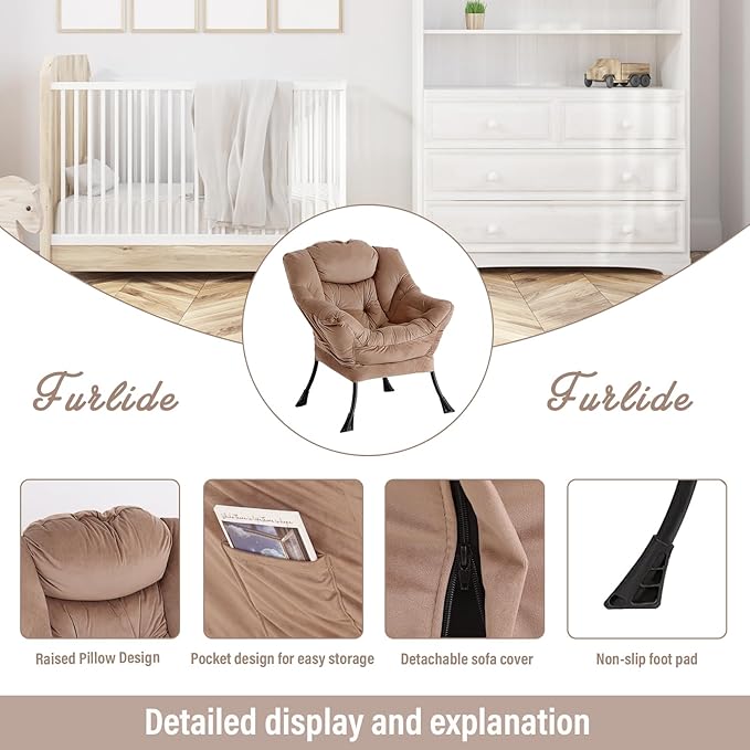 Lazy Chair with Ottoman, Modern Chair with Folding Footrest, Lounge Accent Chair, Comfortable Reading Chair, Oversized Armchairs for Bedroom, Study, Living Room, Courtyard (Khaki) - LeafyLoom