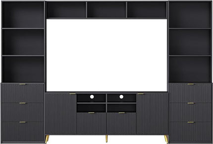 Entertainment Wall Unit with Bridge, Stand Media Console Table for TVs Up to 70" with 13 Shelves,8 Drawers and 2 Cabinets for Living Room, 112.5 Inch, Black - LeafyLoom