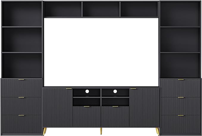 Entertainment Wall Unit with Bridge, Stand Media Console Table for TVs Up to 70" with 13 Shelves,8 Drawers and 2 Cabinets for Living Room, 112.5 Inch, Black - LeafyLoom