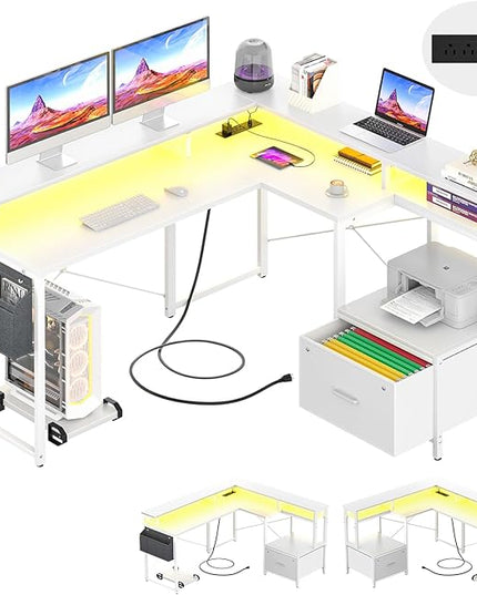 Unikito L Shaped Desk with File Drawer, Reversible L Shaped Computer Desk with Power Outlet & LED Lights, Home Office Desk Corner Desk with Monitor Shelf and Printer Cabinet, Gaming Desk, White - LeafyLoom