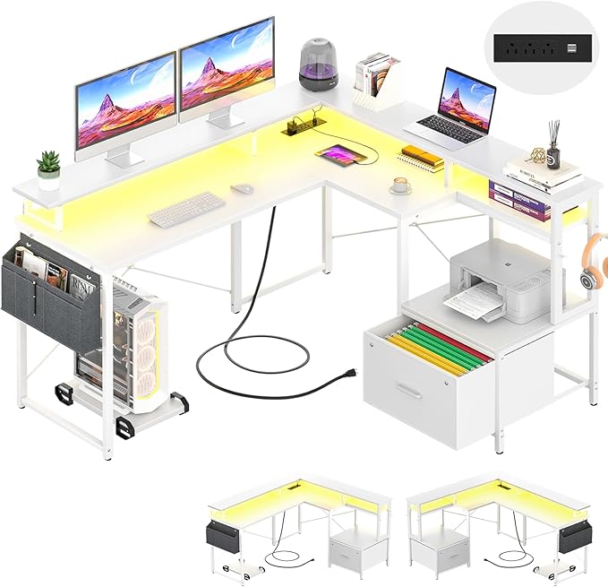 Unikito L Shaped Desk with File Drawer, Reversible L Shaped Computer Desk with Power Outlet & LED Lights, Home Office Desk Corner Desk with Monitor Shelf and Printer Cabinet, Gaming Desk, White - LeafyLoom