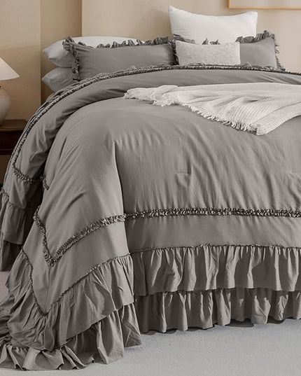 Grey Oversized King Comforter 120x120,Farmhouse Shabby Boho Chic Gray Ruffled California King Comforter Oversized,Vintage French Country Bedding Comforter with Ruffles for All Season - LeafyLoom