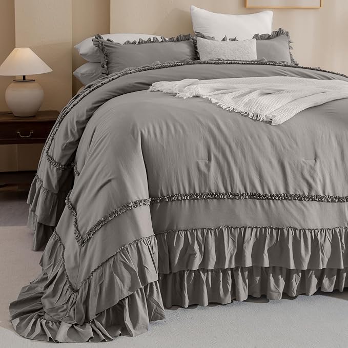 Grey Oversized King Comforter 120x120,Farmhouse Shabby Boho Chic Gray Ruffled California King Comforter Oversized,Vintage French Country Bedding Comforter with Ruffles for All Season - LeafyLoom