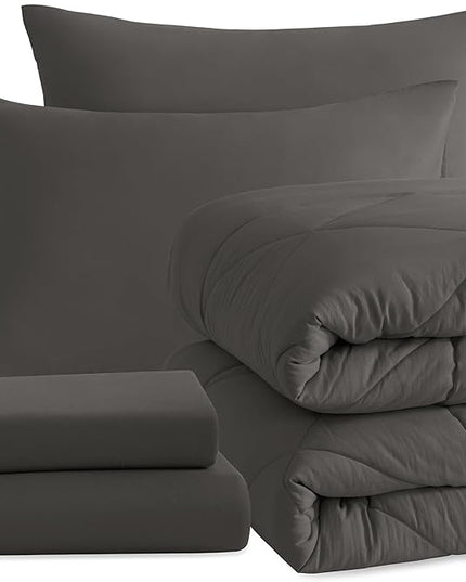 NTBAY Twin Comforter Set with Sheets, 5 Pieces Soft and Breathable Twin Bedding Set, Twin Bed in a Bag, Down Alternative Comforter Set Solid Color All Season, Kids Bedding Set, Dark Grey - LeafyLoom