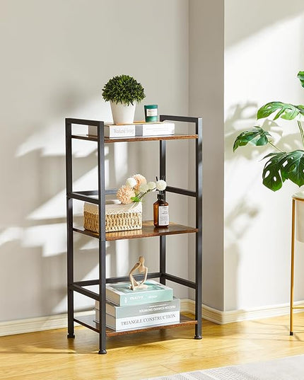 ELYKEN Small Bookshelf, 3-Tier Bookcase with Metal Frame, Vintage Display Book Shelf, Freestanding Open Organizer Shelves for Office Study Living Room, Bedroom, Rustic Brown - LeafyLoom