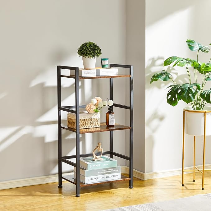 ELYKEN Small Bookshelf, 3-Tier Bookcase with Metal Frame, Vintage Display Book Shelf, Freestanding Open Organizer Shelves for Office Study Living Room, Bedroom, Rustic Brown - LeafyLoom