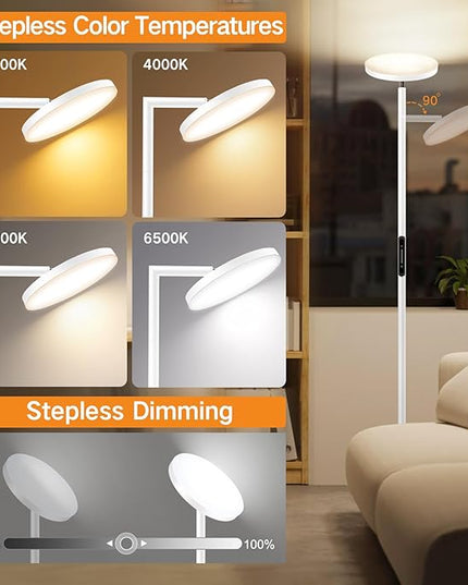 OUTON LED Torchiere Floor Lamp, Bright Dimmable Standing Lamp with Remote Touch Control, 4 Color Temperature, Memory Function, Timer for Living Room, Bedroom Office (Pearl White) - LeafyLoom