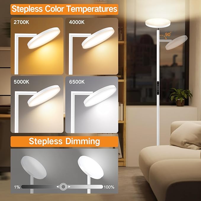 OUTON LED Torchiere Floor Lamp, Bright Dimmable Standing Lamp with Remote Touch Control, 4 Color Temperature, Memory Function, Timer for Living Room, Bedroom Office (Pearl White) - LeafyLoom