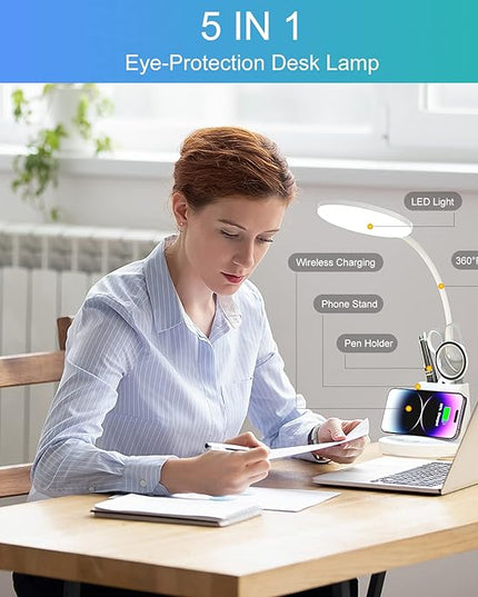 Sailstar Desk Lamp for Home Office, Small Desk Lamp with Wireless Charger & Pen Holder, Cute Desk Lamp LED Dimmable Touch 3 Lighting Modes Memory, Gooseneck White Desk Light for College Dorm Room - LeafyLoom
