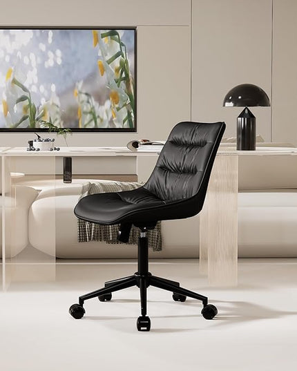 Kidol & Shellder Armless Office Chair Desk Chair Comfy Makeup Vanity Chair with Back Ergonomic Swivel Chair Home Office Desk Chairs with Wheels Rolling Computer Chair Bedroom Accent Chair(Black) - LeafyLoom