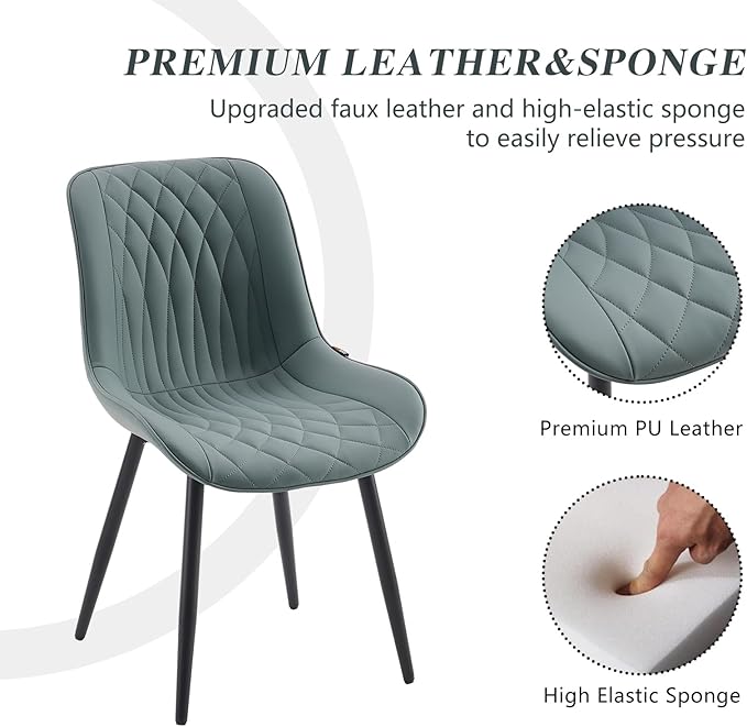 YOUNIKE Dining Chairs set of 2 with High Back Mid Century Modern Kitchen & Dining Room Chairs PU Faux Leather Upholstered sillas de comedor Comfortable Padded Accent Chair with Metal Leg Greyish Green - LeafyLoom