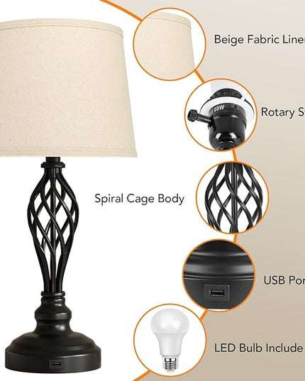 PARTPHONER Set of 2 Table Lamps with USB Port, Farmhouse Bedside Lamps with 3-Color Temperature, Nightstand Lamp Large Cream Drum Shade Spiral Cage Base Desk Lamps for Living Room, Home Bedroom - LeafyLoom
