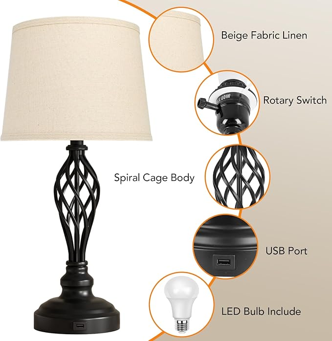 PARTPHONER Set of 2 Table Lamps with USB Port, Farmhouse Bedside Lamps with 3-Color Temperature, Nightstand Lamp Large Cream Drum Shade Spiral Cage Base Desk Lamps for Living Room, Home Bedroom - LeafyLoom