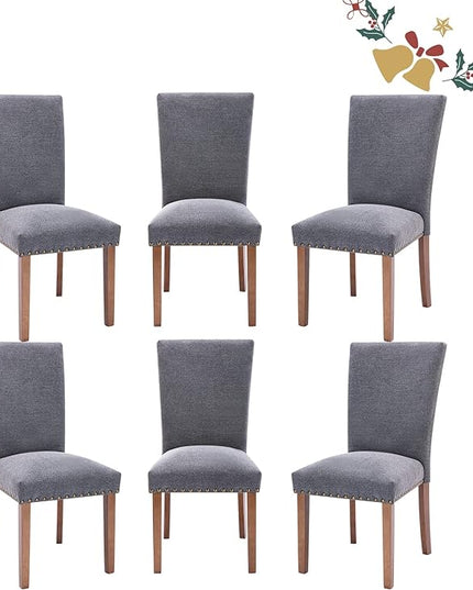 Parsons Dining Chairs Set of 6, Upholstered Nailhead Dining Room Kitchen Side Chair with Thick Cushions and Wood Legs, Dark Grey - LeafyLoom