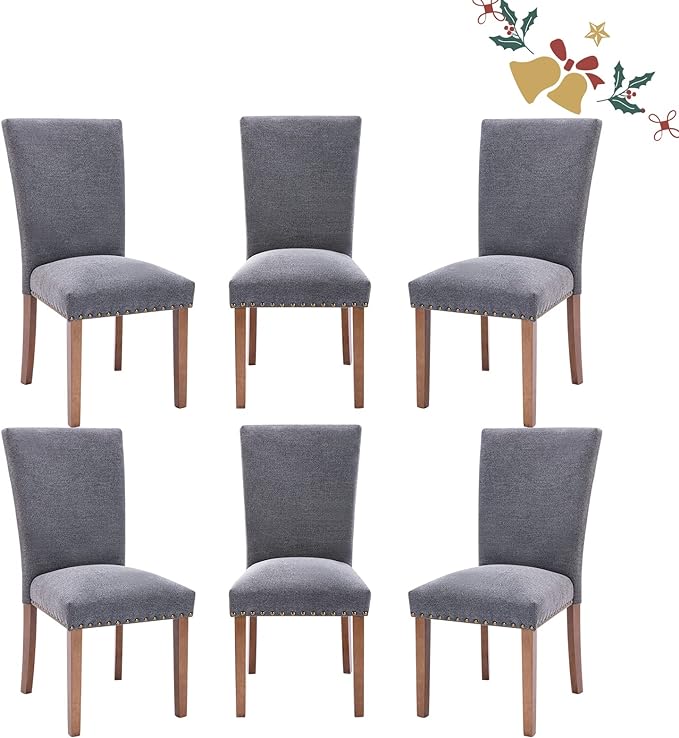 Parsons Dining Chairs Set of 6, Upholstered Nailhead Dining Room Kitchen Side Chair with Thick Cushions and Wood Legs, Dark Grey - LeafyLoom