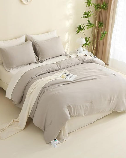 MILDLY California King Size Comforter Set 7 Piece Color Clash, Oatmeal Grey Bed in a Bag, All Season Bedding Sets with 1 Comforter, 2 Pillow Shams, 2 Pillowcases, 1 Flat Sheet, 1 Fitted Sheet - LeafyLoom
