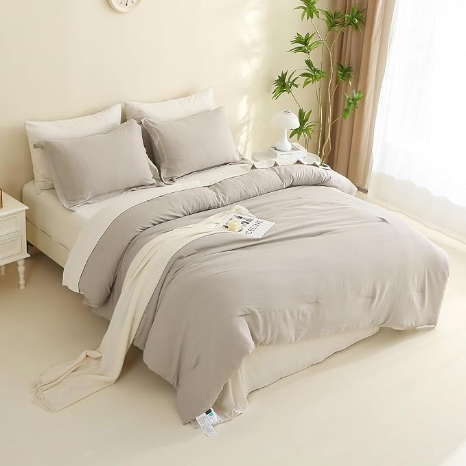 MILDLY California King Size Comforter Set 7 Piece Color Clash, Oatmeal Grey Bed in a Bag, All Season Bedding Sets with 1 Comforter, 2 Pillow Shams, 2 Pillowcases, 1 Flat Sheet, 1 Fitted Sheet - LeafyLoom
