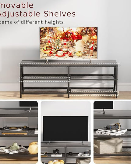 TV Stand for TV up to 65 Inch, Long 55" TV Cabinet with 3-Tier Storage Shelves,Entertainment Center TV Console Table for Living Room with Industrial TV Metal Frame, Black Oak - LeafyLoom