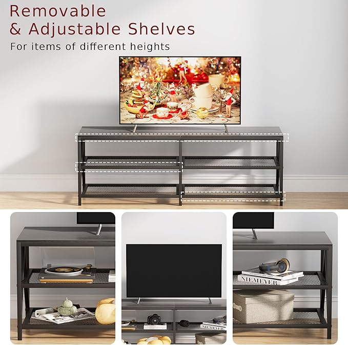 TV Stand for TV up to 65 Inch, Long 55" TV Cabinet with 3-Tier Storage Shelves,Entertainment Center TV Console Table for Living Room with Industrial TV Metal Frame, Black Oak - LeafyLoom