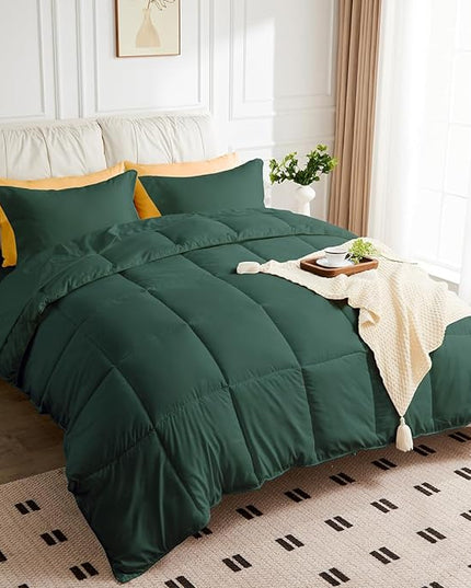 Queen Size Comforter Set - 3 Pieces, 1 Reversible Comforter and 2 Pillowcases,Soft Quilted Warm Fluffy Cooling Bedding for All Season,Green - LeafyLoom