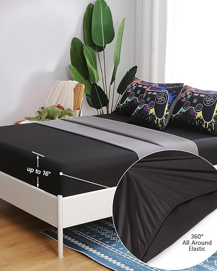 6Pcs Gamer Comforter Set with Sheets for Boys Girls Kids Teens, Colorful Graffiti Gaming Themed Bed in A Bag Full Size, Black 3D Video Game Controller Bedroom Decor Bedding Set - LeafyLoom