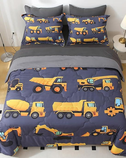 Wajade 7 Piece Construction Truck Kids Comforter Set for Boys Twin Size 3D Vehicles Excavator Cars Bedding Set for Kids Teens(1 Comforter, 1 Flat Sheet, 1 Fitted Sheet, 2 Pillowcase and 2 Pillow Sham) - LeafyLoom