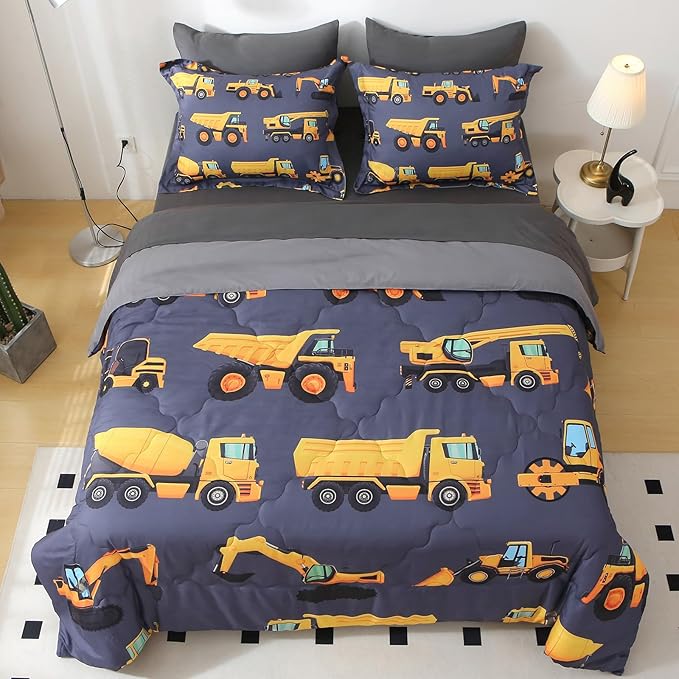 Wajade 7 Piece Construction Truck Kids Comforter Set for Boys Twin Size 3D Vehicles Excavator Cars Bedding Set for Kids Teens(1 Comforter, 1 Flat Sheet, 1 Fitted Sheet, 2 Pillowcase and 2 Pillow Sham) - LeafyLoom