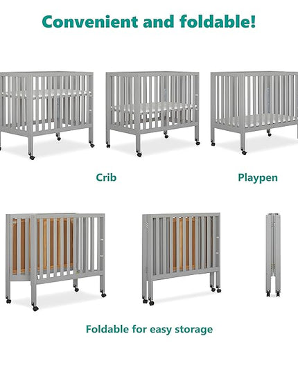 Jett Non-Full Size Folding Convertible Crib, Lightweight Portable Crib, Three Adjustable Mattress Height Settings, Easy to Fold Travel Crib, 1.5” Mattress Pad Included - LeafyLoom