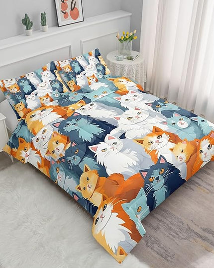 Datura home Kids Comforter Set Cute Cats Printed Pattern Bedding Set with 1 Comforter and 2 Pillowcases for Girls Boys Bedroom All Season(Cat Twin) - LeafyLoom