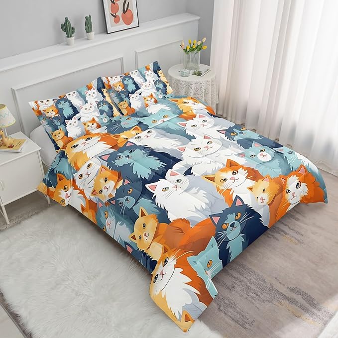 Datura home Kids Comforter Set Cute Cats Printed Pattern Bedding Set with 1 Comforter and 2 Pillowcases for Girls Boys Bedroom All Season(Cat Full) - LeafyLoom