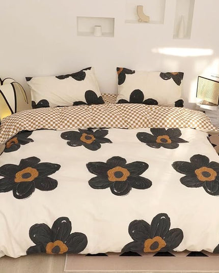 Black Floral Comforter Set Black and White Bedding Queen Comforter Set Flowers Cotton Women Modern Elegant Chic Quilts Blankets Lightweight Black Flower Reversible Bed Comforter Set - LeafyLoom