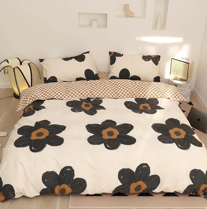 Black Floral Comforter Set Black and White Bedding Queen Comforter Set Flowers Cotton Women Modern Elegant Chic Quilts Blankets Lightweight Black Flower Reversible Bed Comforter Set - LeafyLoom
