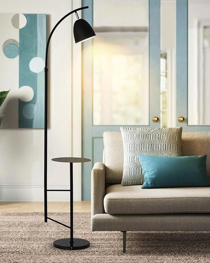 O'NEELDY Modern Black Arc Floor Lamp with Table Attached 71" Height Marble Arched Floor Lamp Curved Tall Shelf Standing Lamp for Living Room, Office, 360° Rotatable Shade, E26 Bulb Included - LeafyLoom