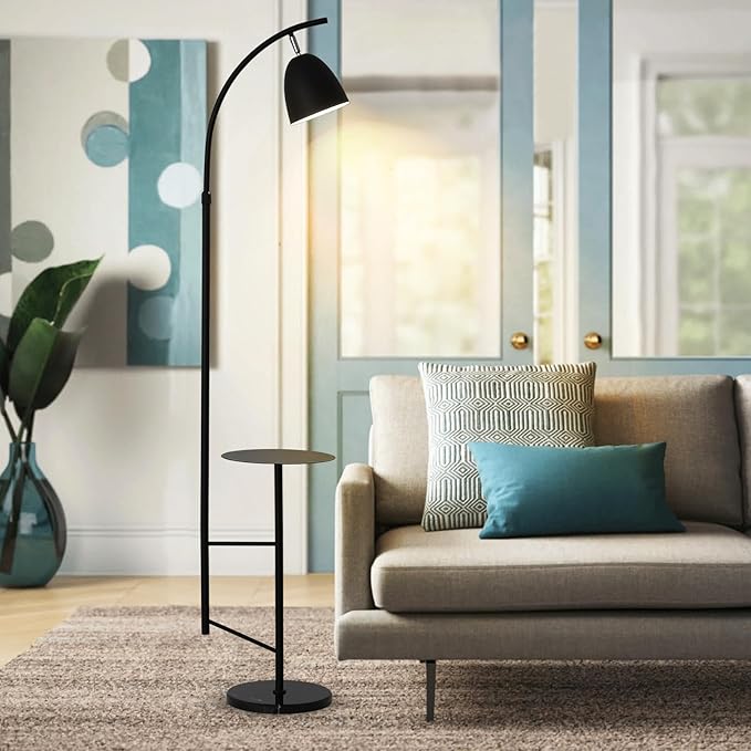 O'NEELDY Modern Black Arc Floor Lamp with Table Attached 71" Height Marble Arched Floor Lamp Curved Tall Shelf Standing Lamp for Living Room, Office, 360° Rotatable Shade, E26 Bulb Included - LeafyLoom