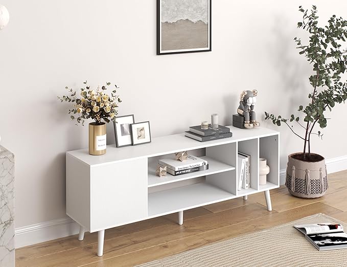 Yusong TV Stand for 55/65 inch TV, Mid Century Modern TV Console Table, Media Entertainment Center with Storage for Living Room Bedroom, Wood TV Cabinet, Oak White - LeafyLoom