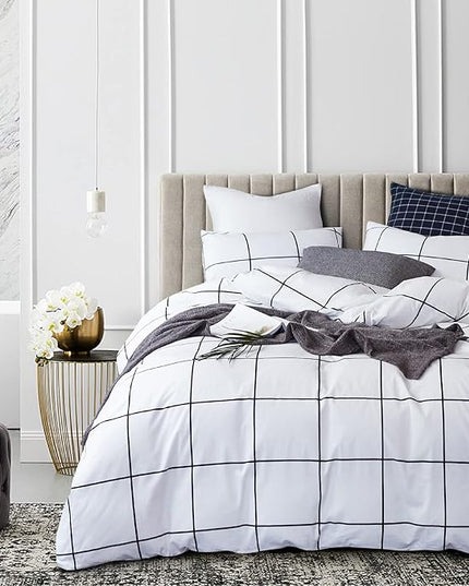 White Grid Comforter Set Big Grid Bedding Set Twin Cotton White with Black Plaid Printed Stripes Women Checkered Comforters Bedding Set White Grid Bed Blanket Set White Plaid Comforter - LeafyLoom