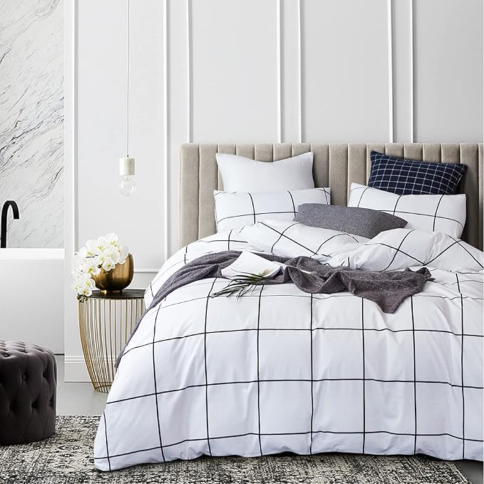 White Grid Comforter Set Big Grid Bedding Set Twin Cotton White with Black Plaid Printed Stripes Women Checkered Comforters Bedding Set White Grid Bed Blanket Set White Plaid Comforter - LeafyLoom
