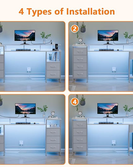 White Computer Desk with Power Outlets & LED Lights, Gaming Desk with 5 Fabric Storage Drawers for Working, 55 Inch Home Office Desk with Monitor Stand Shelves, Modern Vanity Desk for Bedroom - LeafyLoom