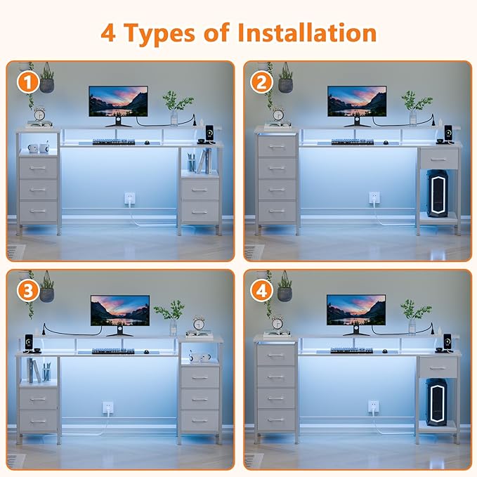 White Computer Desk with Power Outlets & LED Lights, Gaming Desk with 5 Fabric Storage Drawers for Working, 55 Inch Home Office Desk with Monitor Stand Shelves, Modern Vanity Desk for Bedroom - LeafyLoom