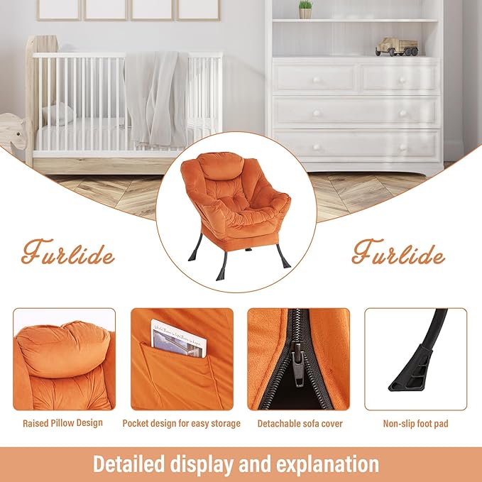 Lazy Chair with Ottoman, Modern Chair with Folding Footrest, Lounge Accent Chair, Comfortable Reading Chair, Oversized Armchairs for Bedroom, Study, Living Room, Courtyard (Orange) - LeafyLoom