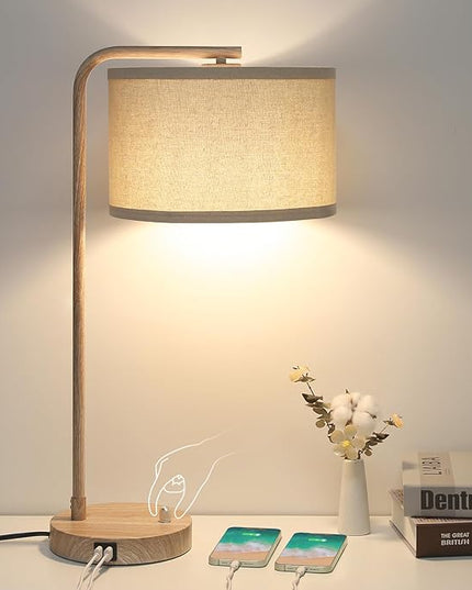 Farmhouse Table Lamp, Fully Dimmable Bedisde Lamp with Dual USB Charging Ports, Modern Nightstand Lamp, Tall Table Lamp Desk Reading Lamp for Living Room, Bedroom, Office, 9W LED Bulb Included - LeafyLoom