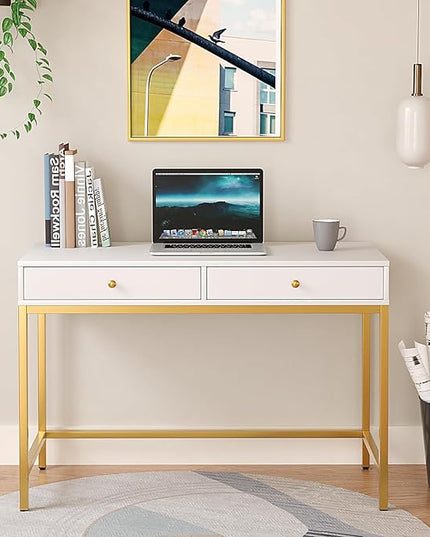 White-Vanity-Desk with 2 Drawers, White/Gold Home-Office-Desks Glossy Desktop Makeup-Vanity-Table Modern Writing Computer Standing Desk with Wood Top and Metal Frame for Home Office Bedroom Furniture - LeafyLoom