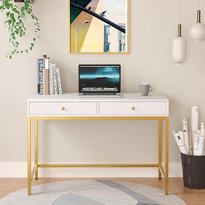 White-Vanity-Desk with 2 Drawers, White/Gold Home-Office-Desks Glossy Desktop Makeup-Vanity-Table Modern Writing Computer Standing Desk with Wood Top and Metal Frame for Home Office Bedroom Furniture - LeafyLoom