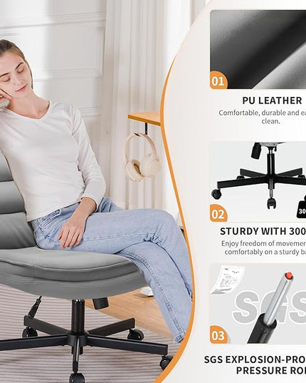 COMHOMA Criss Cross Chair with Wheels, Armless Wide Cross Legged Office Chair Mid Back, Modern Home Office Desk Chair Swivel Adjustable Vanity Computer Chair, Gray - LeafyLoom